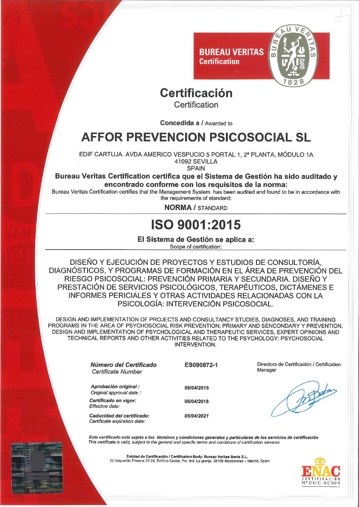 Certificado Bureau Veritas ISO 9001